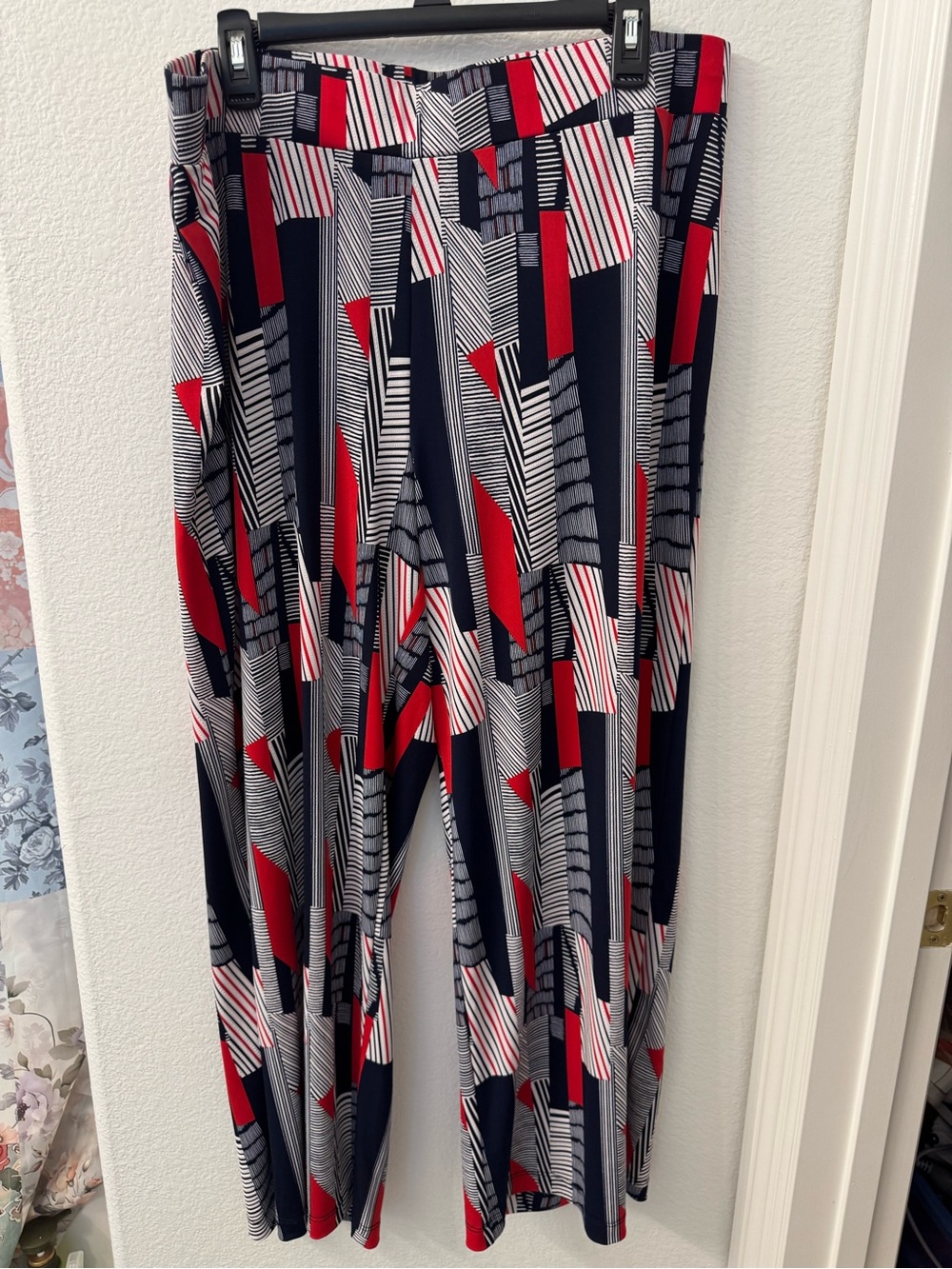 Roz & Ali Navy Red White Geometric Wide Leg Pants 2XL women’s patriotic